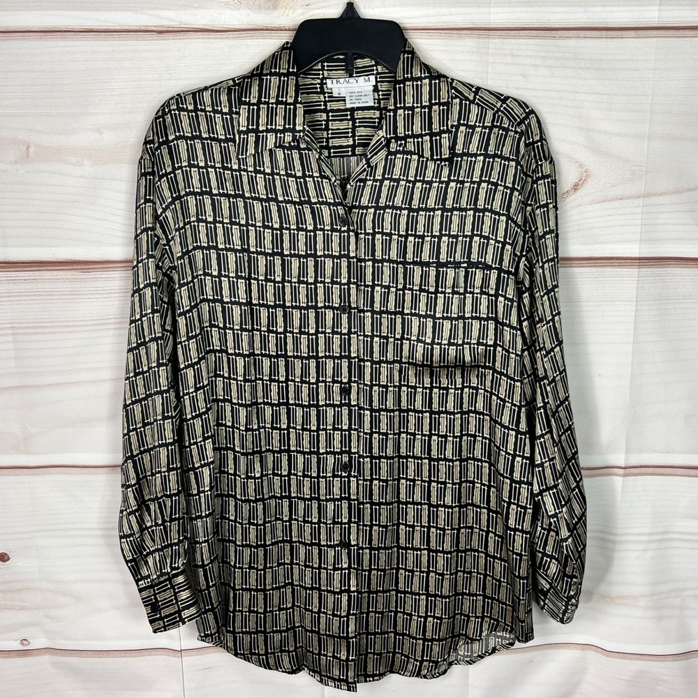 Tracy M Top Womens S Black Beige Silk Shirt Button Up Tunic Pocket Long Sleeve
